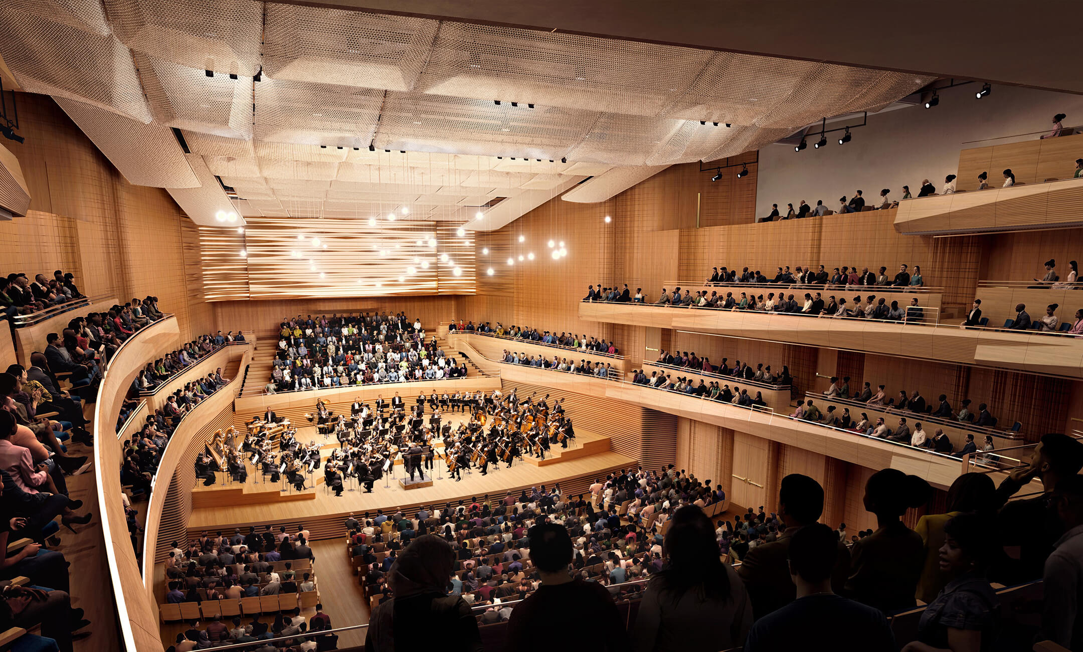 architectural rendering of the new David Geffen Hall in New York City with orchestra and audience