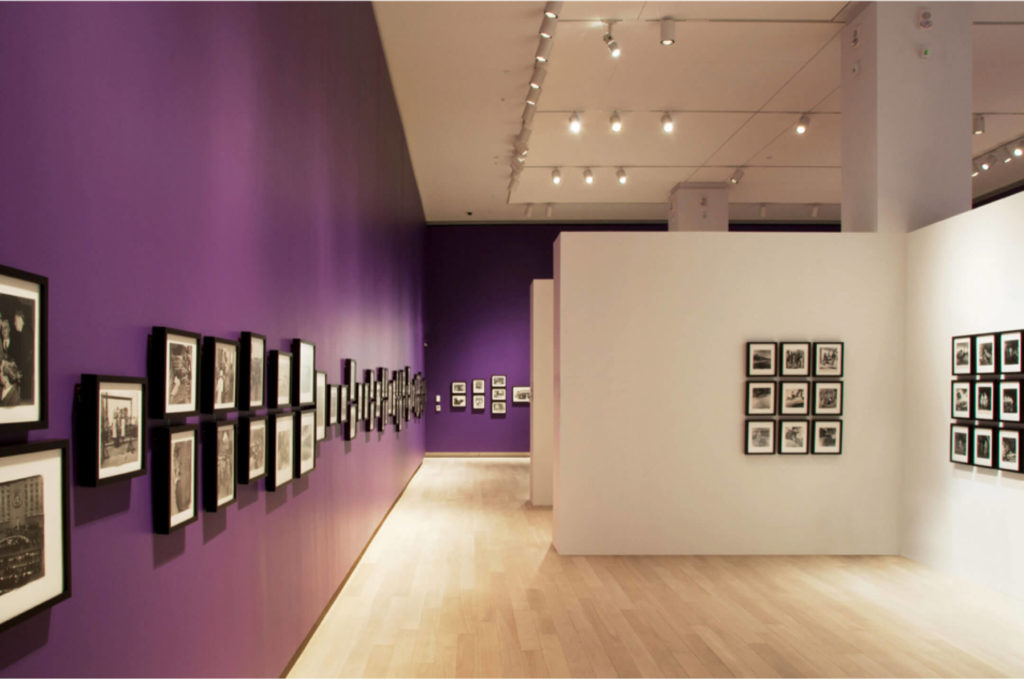 Purple and white walls with framed artwork at Ryerson School of Image Arts